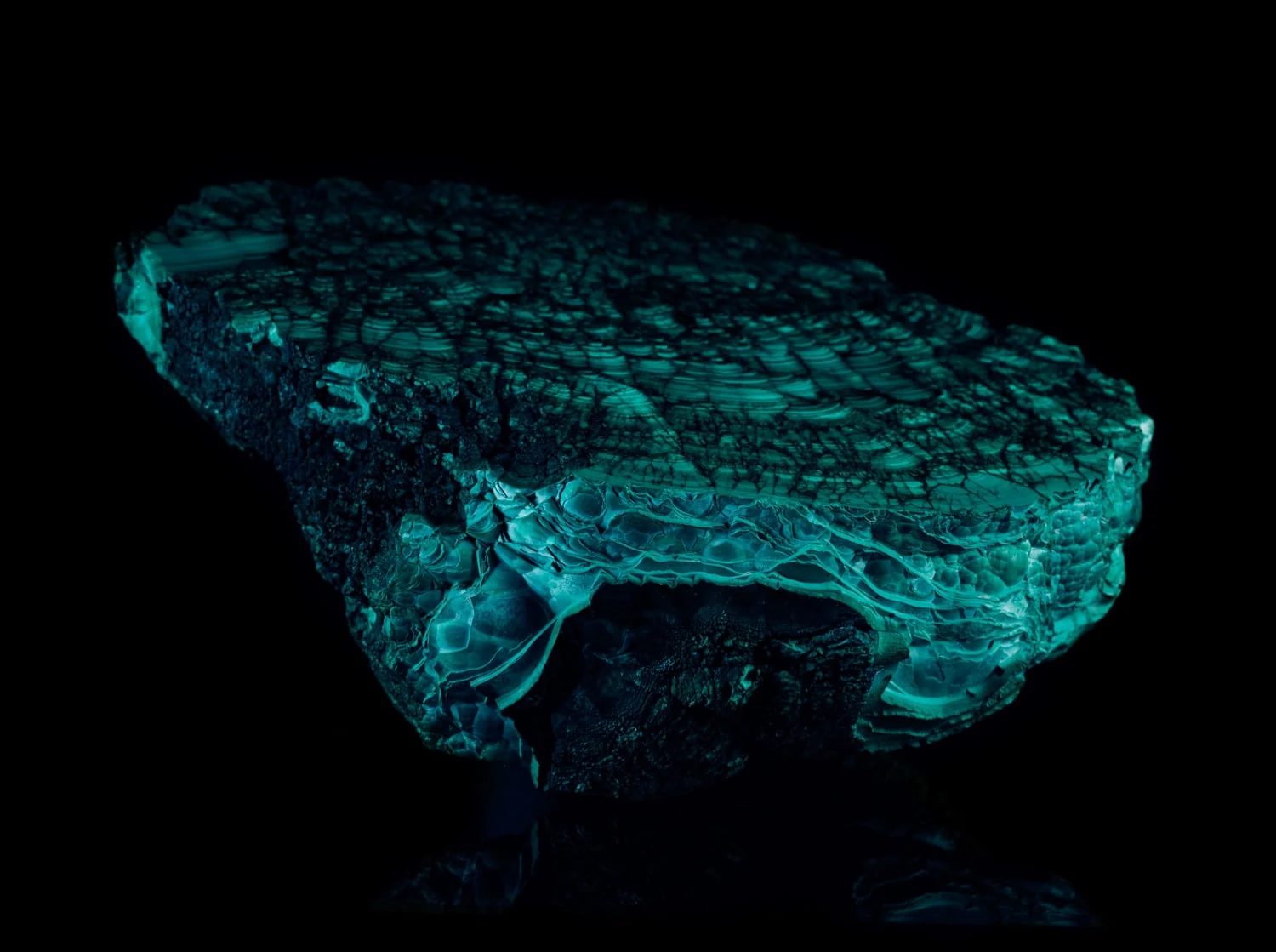Raw malachite stone with banded green layers glowing against a black background, for David Yurman.