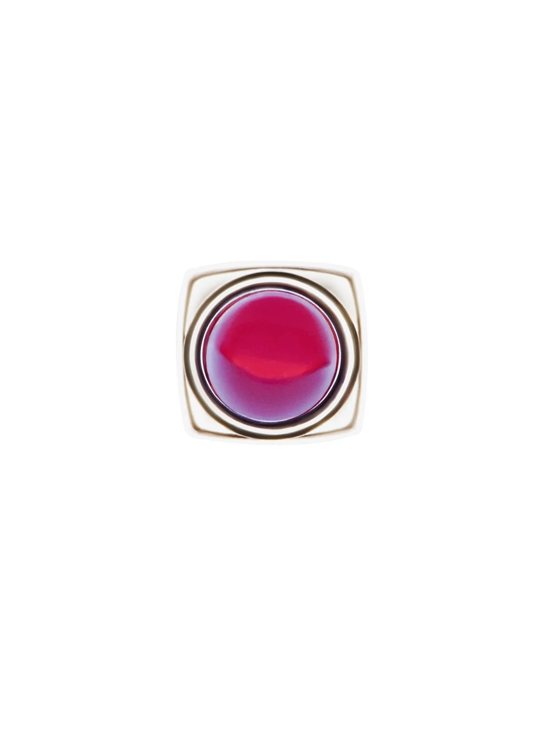 Top-down view of a magenta lipstick bullet in a square gold case on a white background, for Chanel.