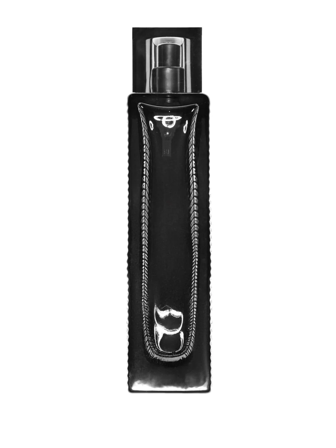 Black glass fragrance bottle with a clear spray cap and stitched, padded front, on a white background, for Burberry. Photographed by Cameron Krone.