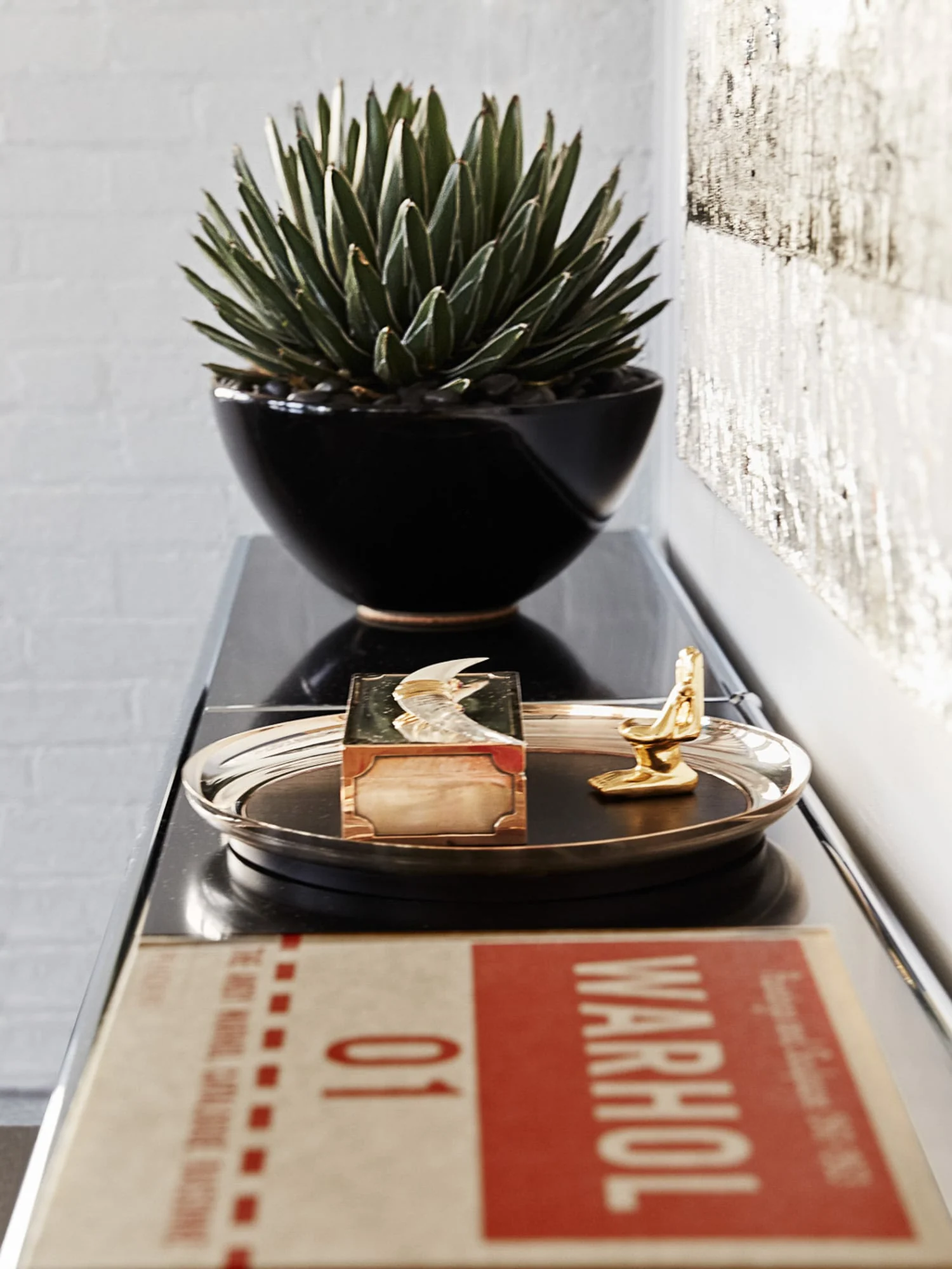 Agave in a black bowl on a lacquered console with a brass tray, gold figurine and Warhol catalogue, for Viana Art.