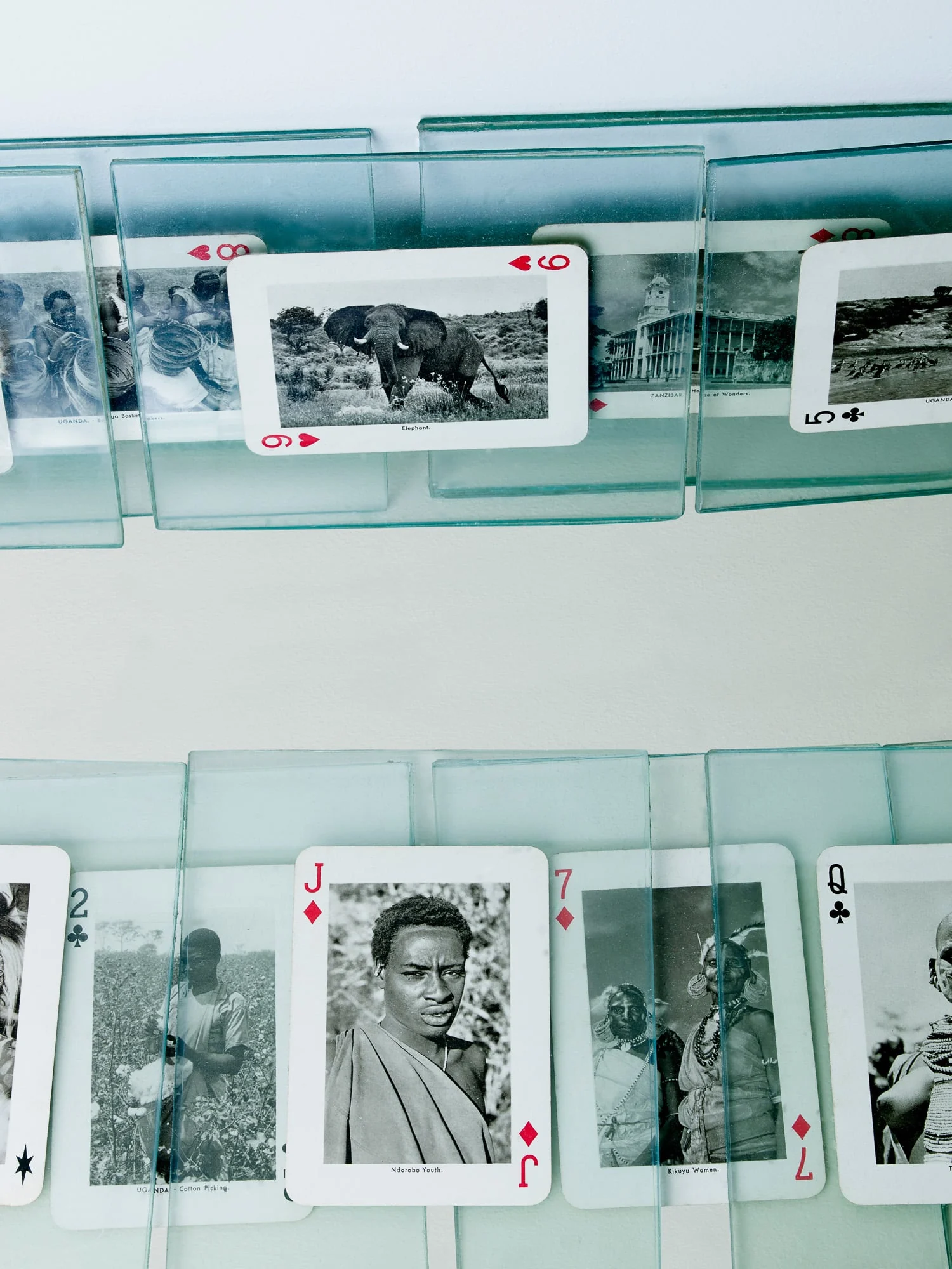 Vintage playing cards with black-and-white East African photographs held between glass panes on a white wall, for Elle.