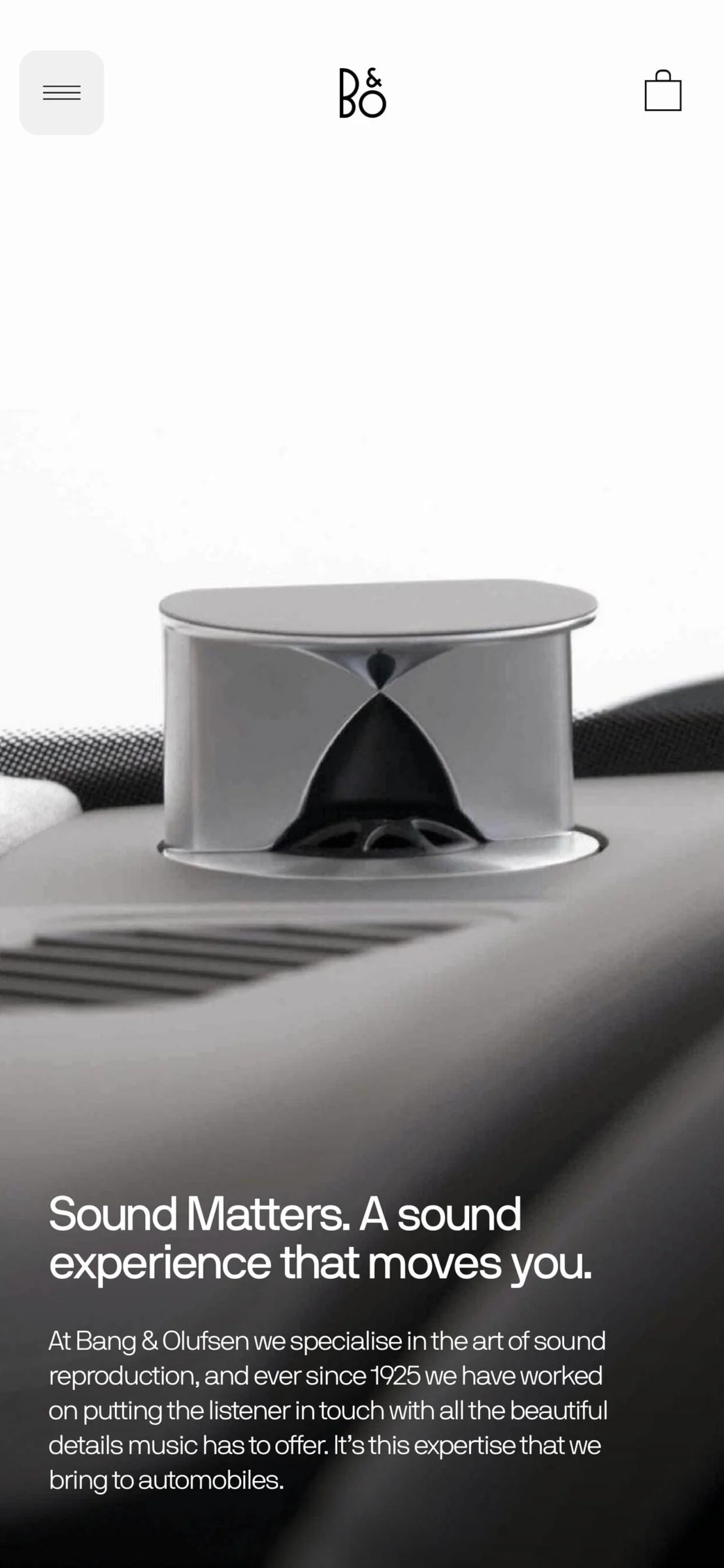 Mobile web page showing a silver tweeter speaker rising from a car dashboard under the headline Sound Matters, for Bang & Olufsen.