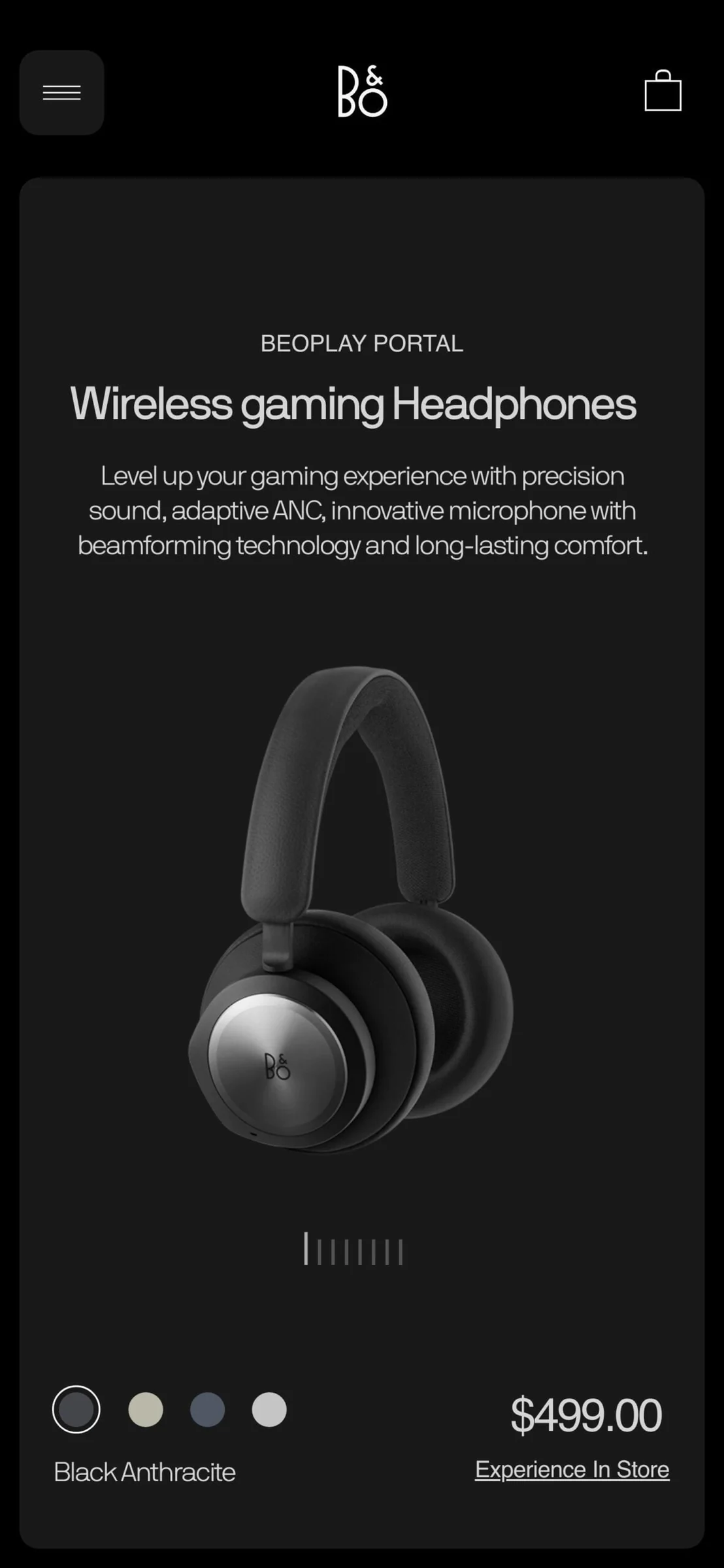 Mobile product page showing black Beoplay Portal gaming headphones on a dark background, priced $499, for Bang & Olufsen.