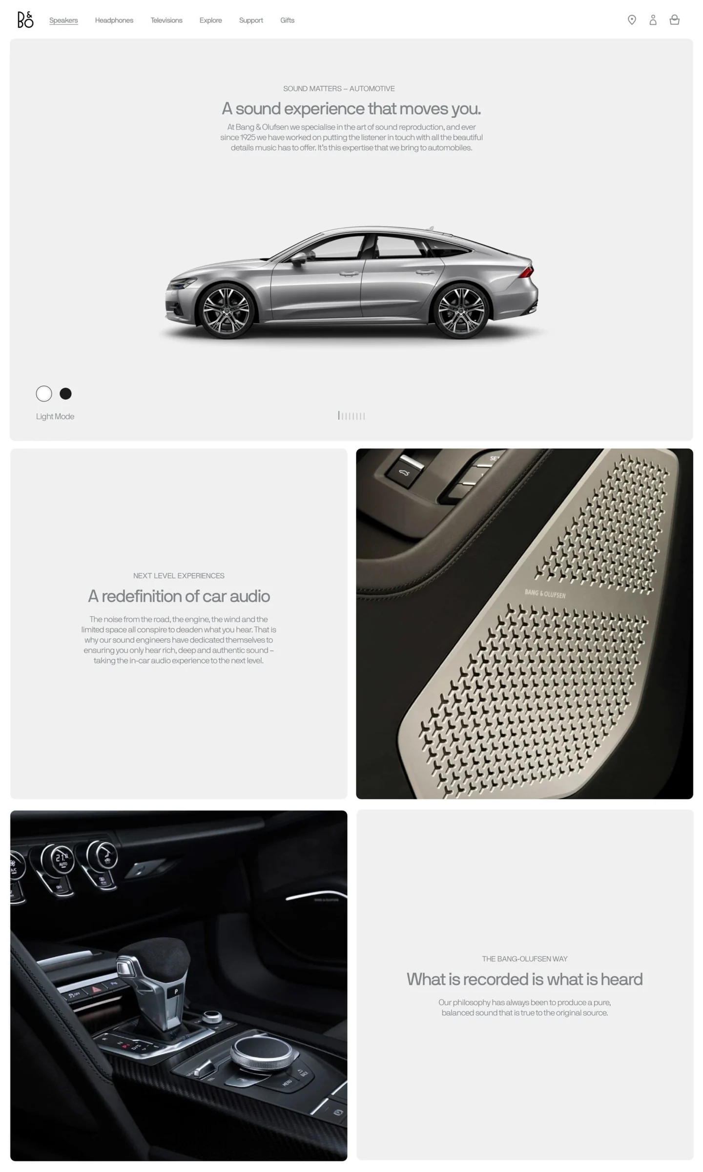 Web page layout showing a silver sedan, perforated car speaker grille and dark interior console, for Bang & Olufsen.