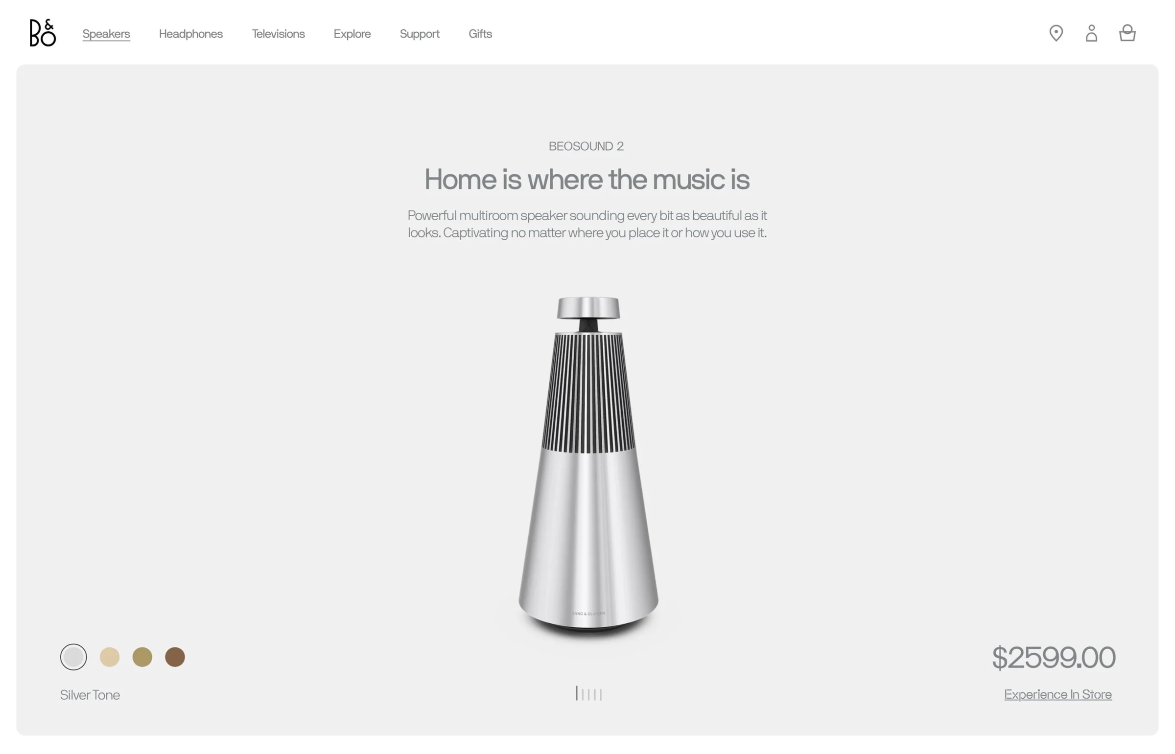 Web page showing the silver Beosound 2 speaker with colour swatches and price on a light grey background, for Bang & Olufsen.