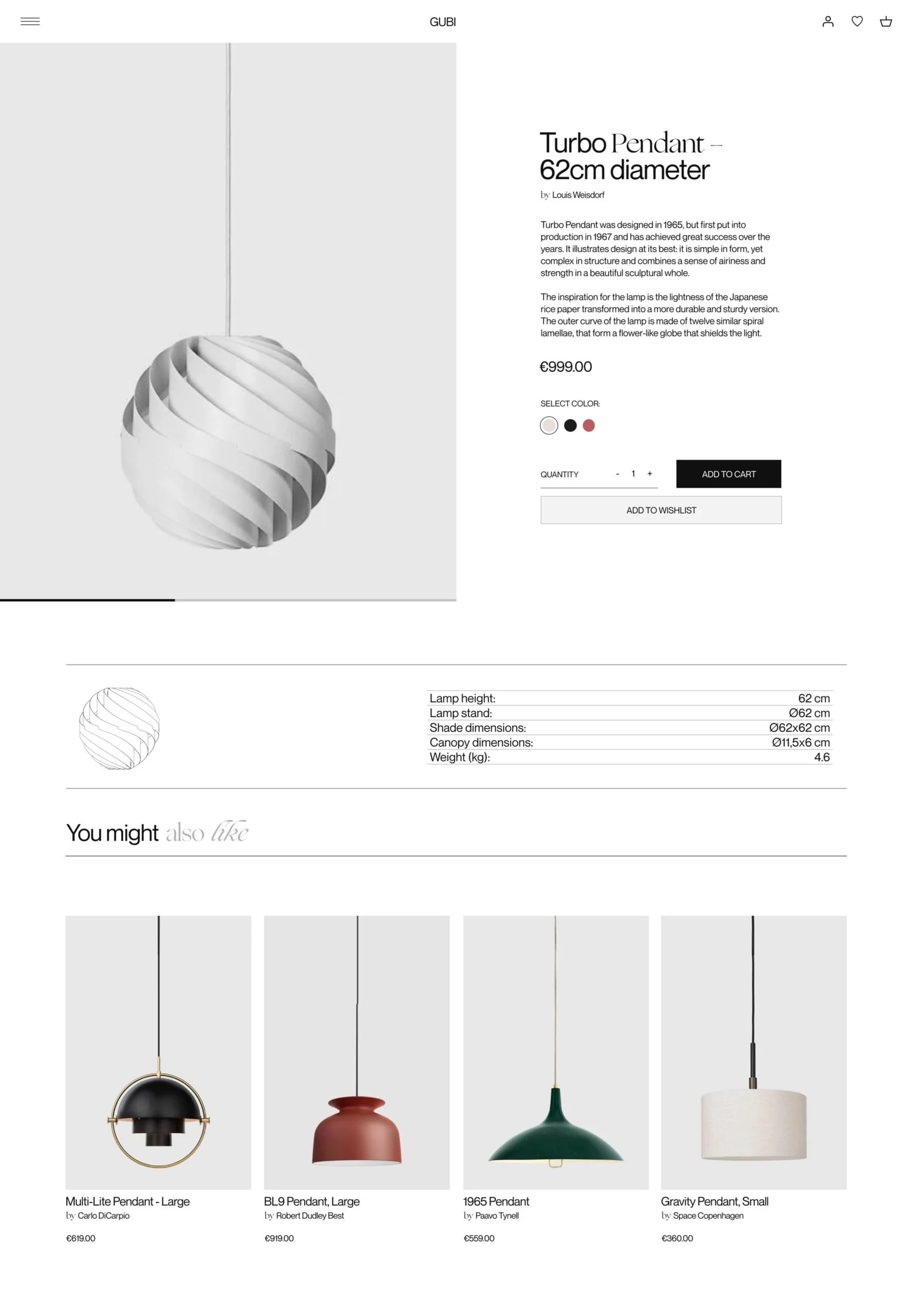 Web product page showing a white spiral Turbo Pendant lamp, specifications and related pendant lamps, for Gubi.