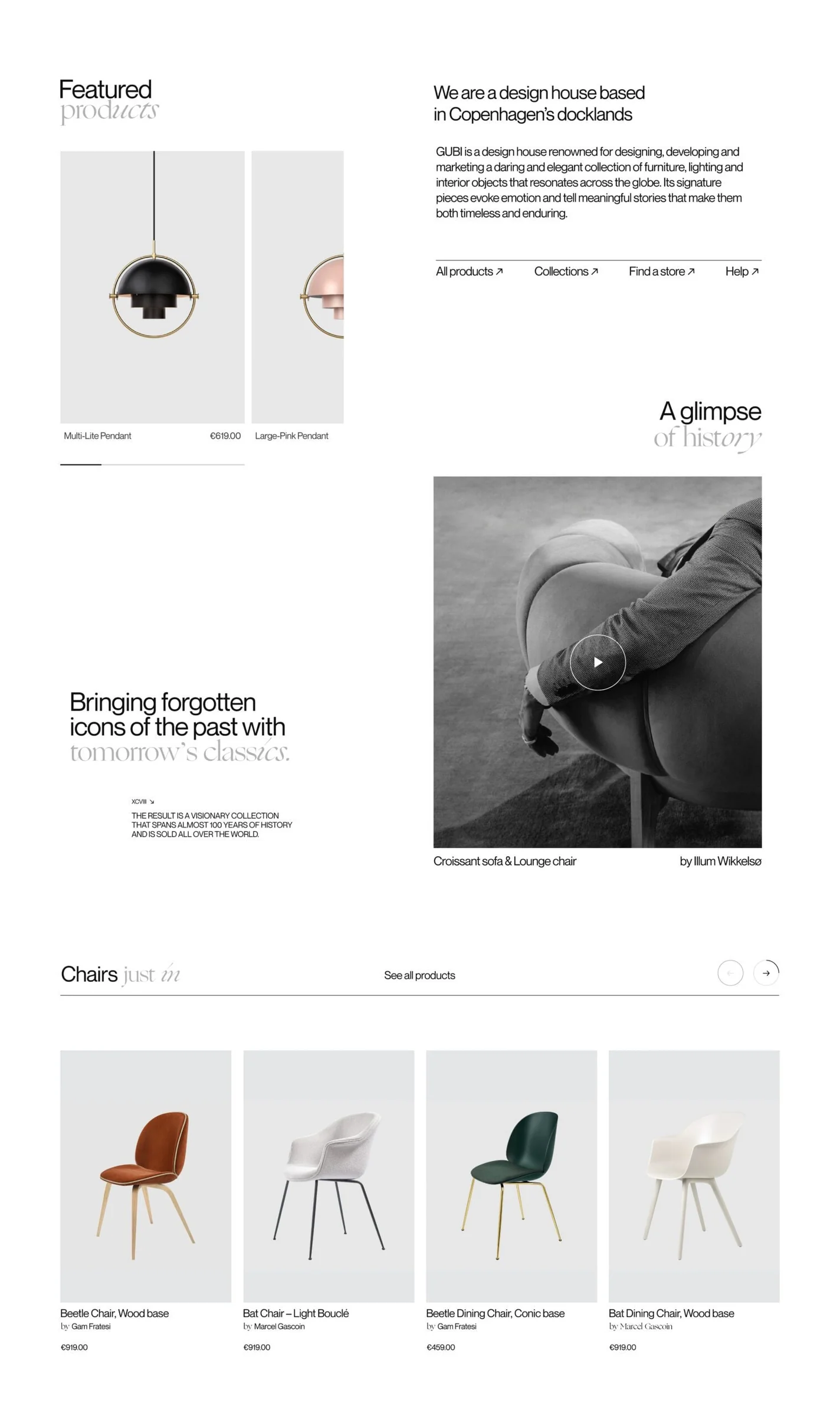Website homepage layout with pendant lamps, black and white lounge chair video and a row of dining chairs, for GUBI.