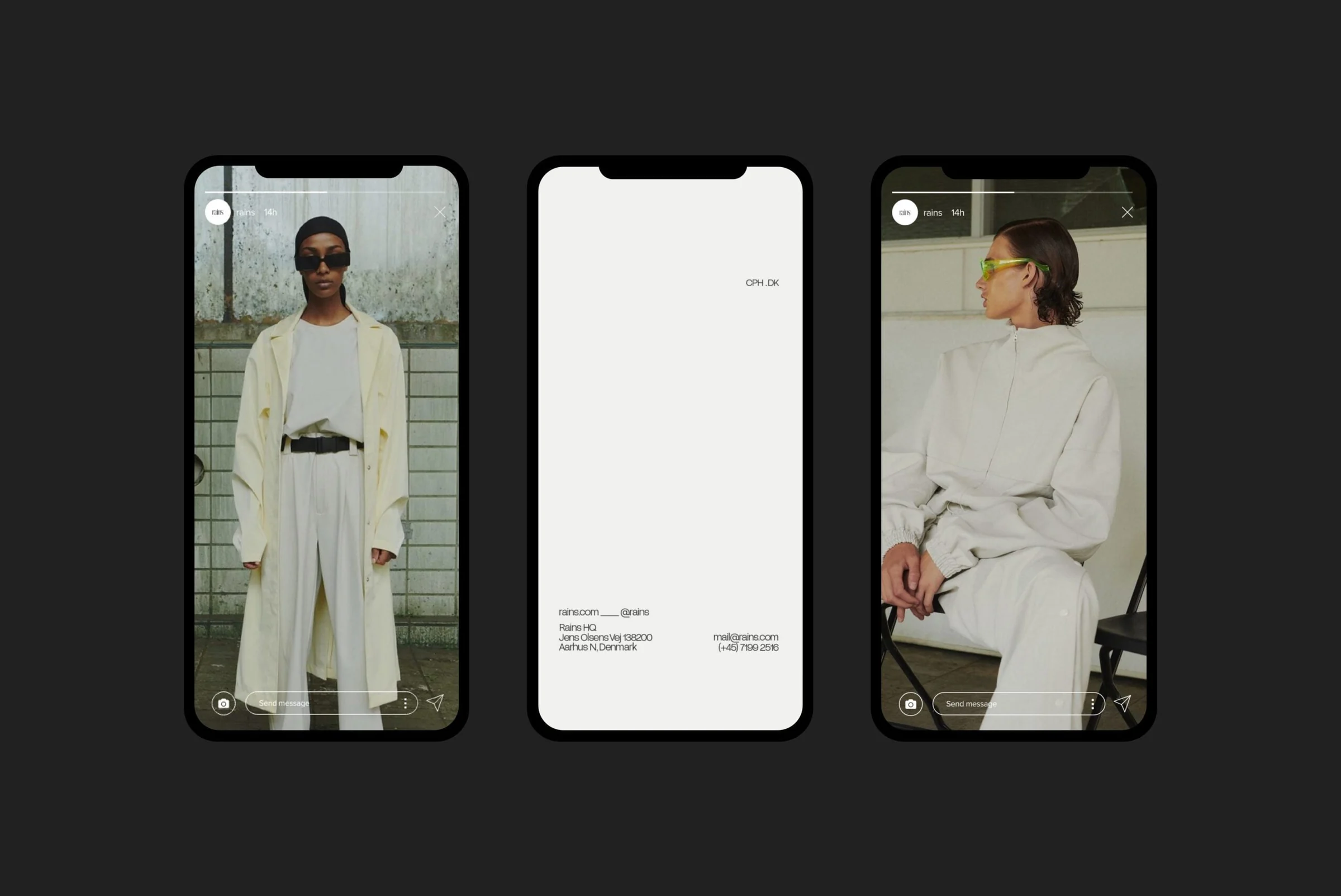 Three phone mockups of Instagram stories showing models in cream outfits and a contact card, for Rains.