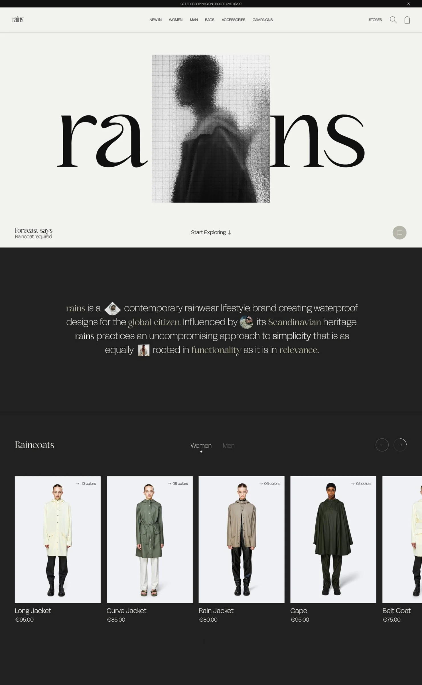 Website homepage design with large serif wordmark, blurred figure behind textured glass and raincoat product grid, for Rains.
