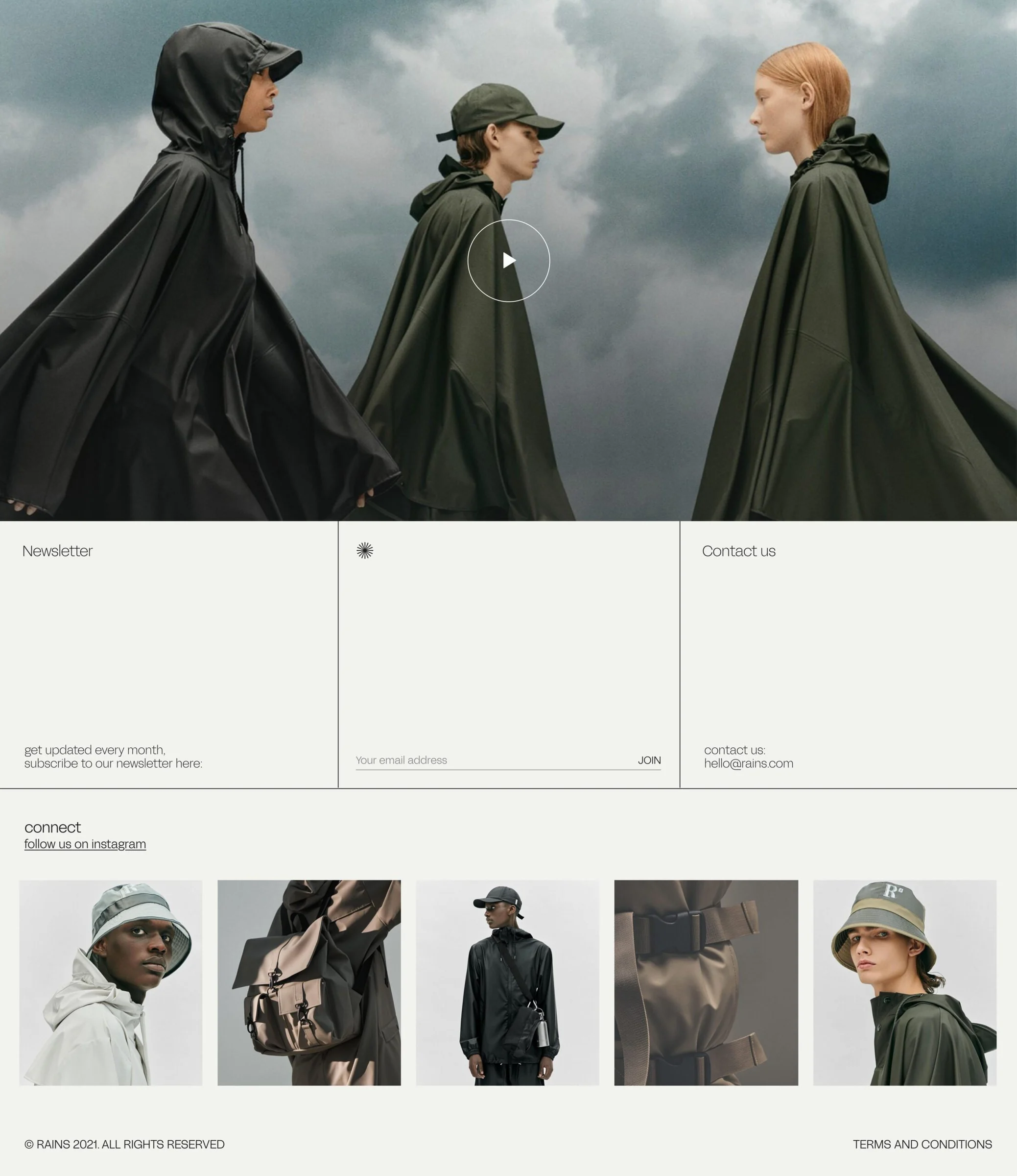 Website layout showing three models in dark green rain capes against a cloudy sky, with newsletter and Instagram grid, for Rains.
