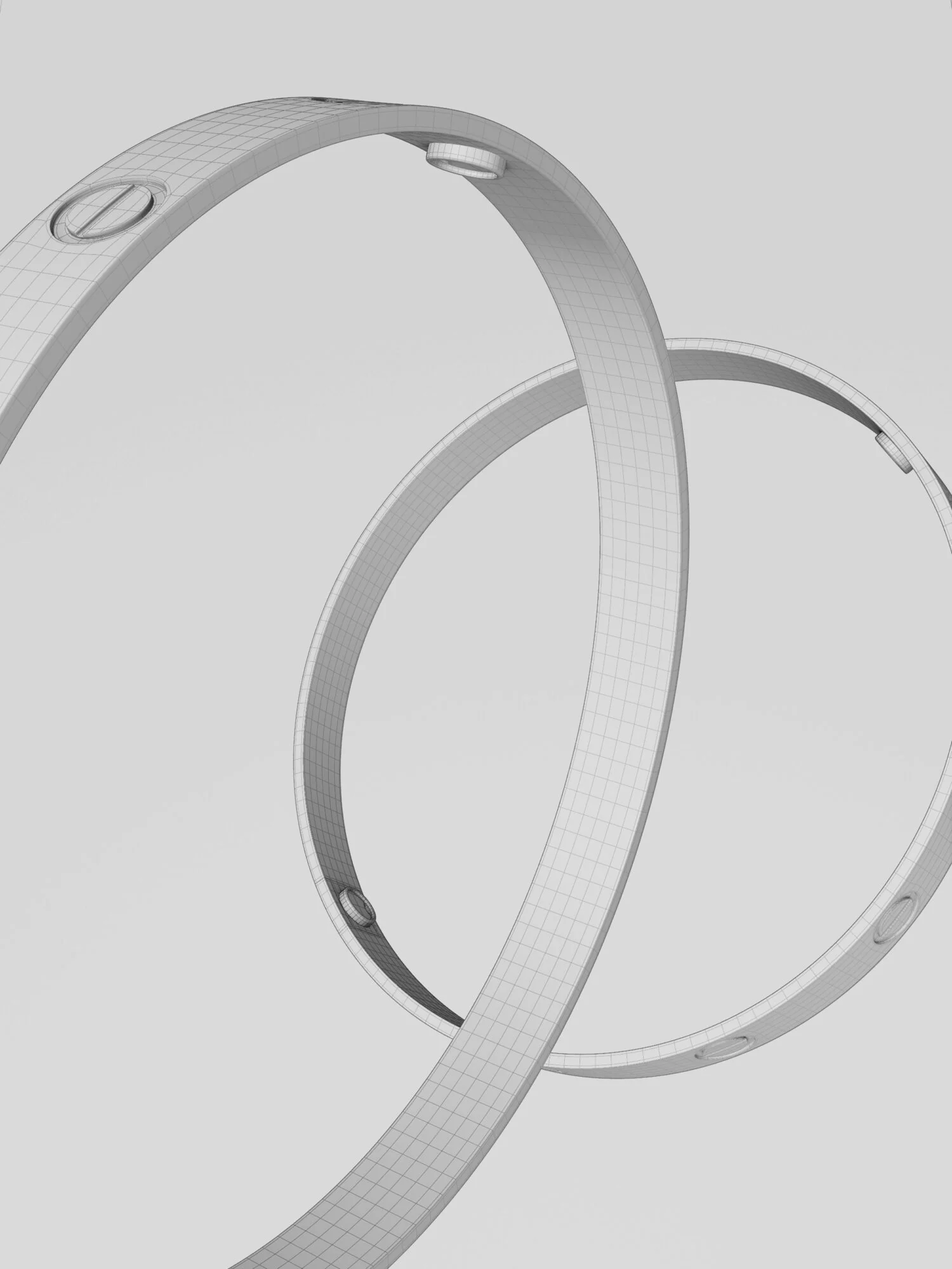 CGI wireframe render of two interlocking Love bracelets with screw motifs on a pale grey background, for Cartier.