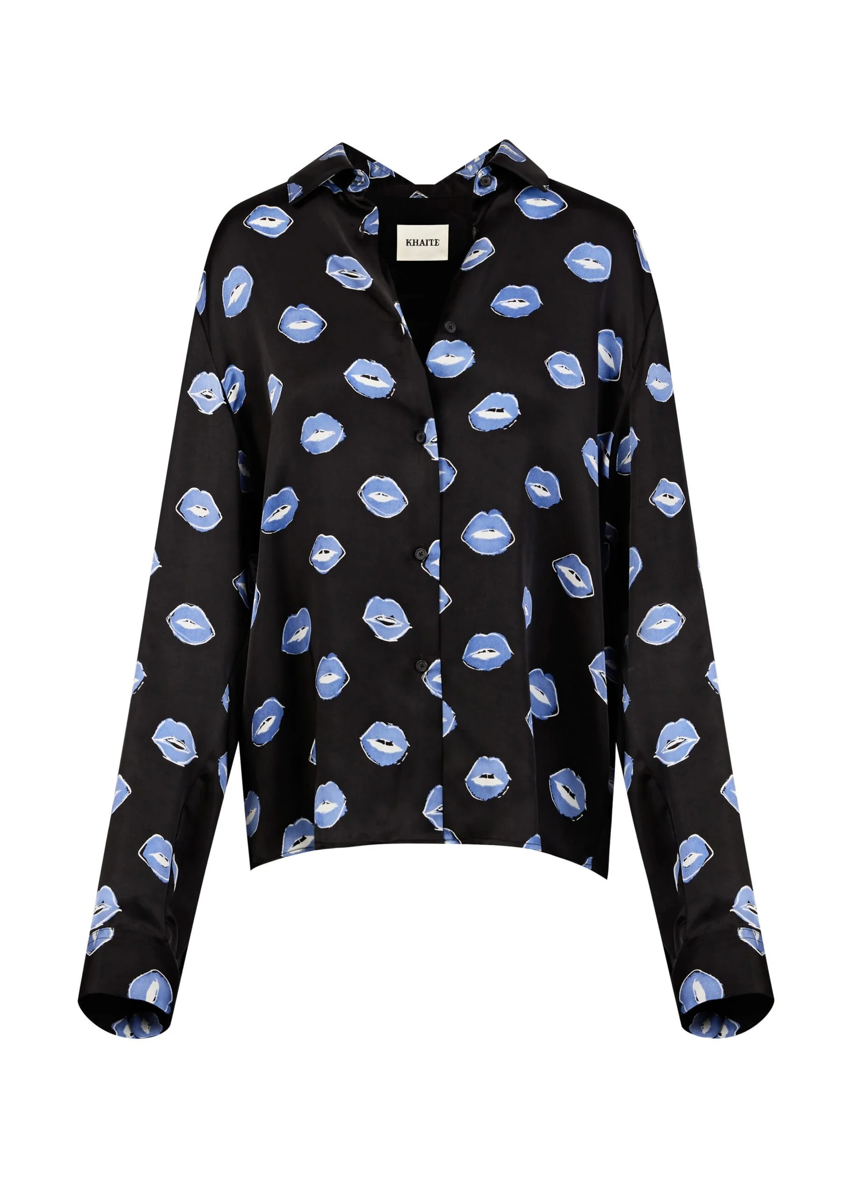 Black satin button-up shirt with a blue lips print, shown flat on white as a product still life, for Khaite.