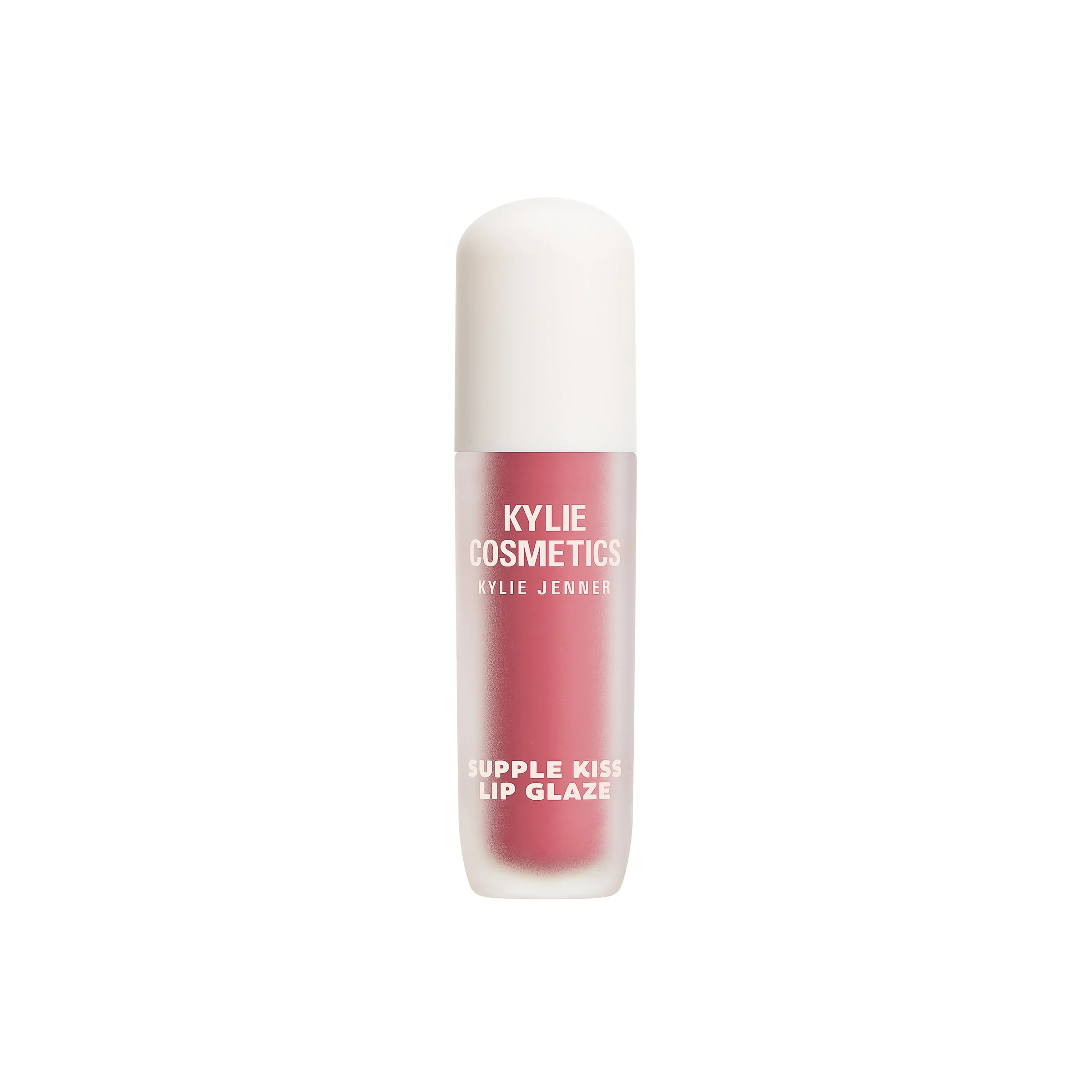 Frosted tube of rose-pink Supple Kiss Lip Glaze with a white cap on a white background, for Kylie Cosmetics.