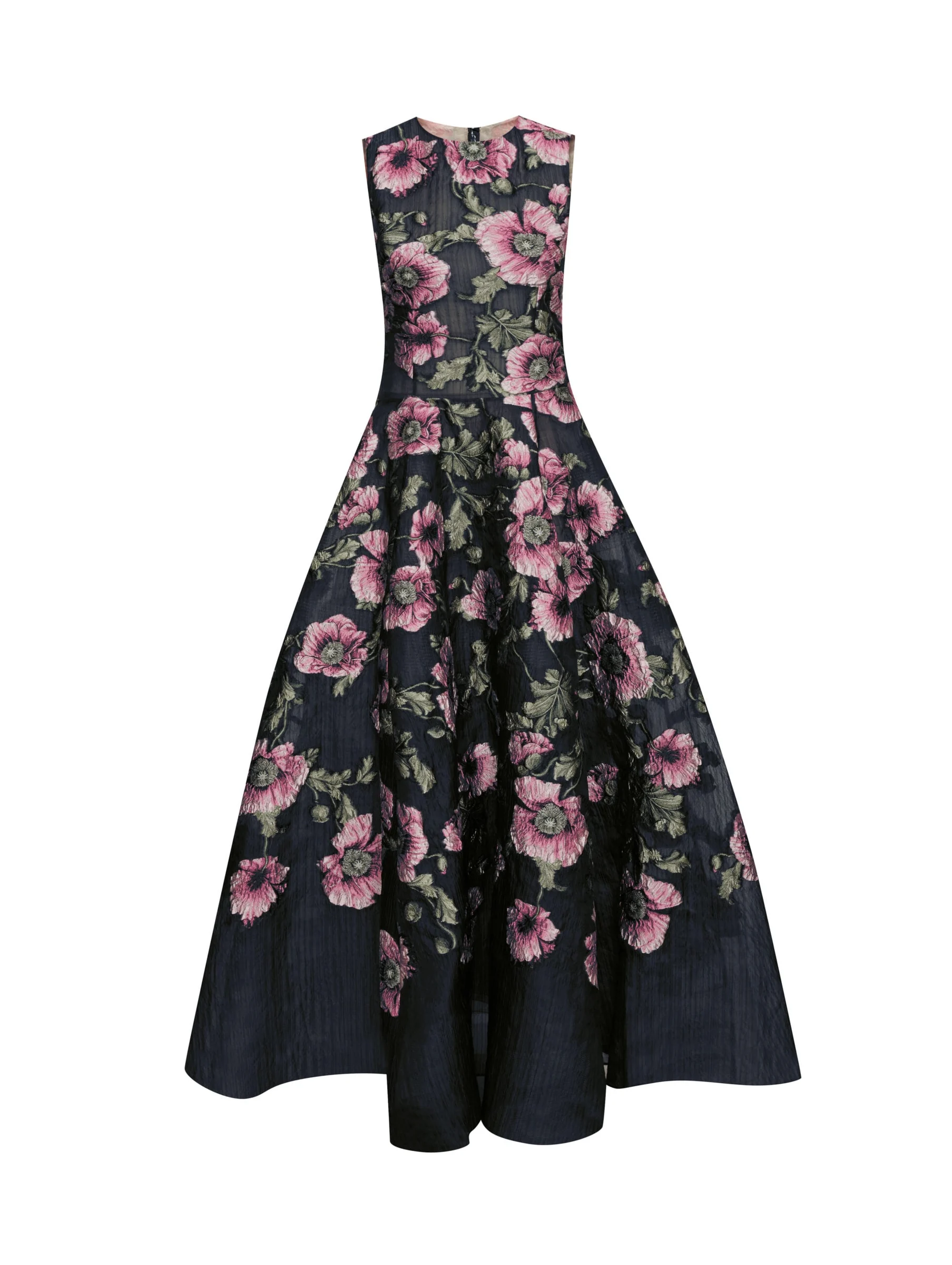 Sleeveless navy gown with pink poppy embroidery and full A-line skirt on a white background, for Oscar de la Renta.
