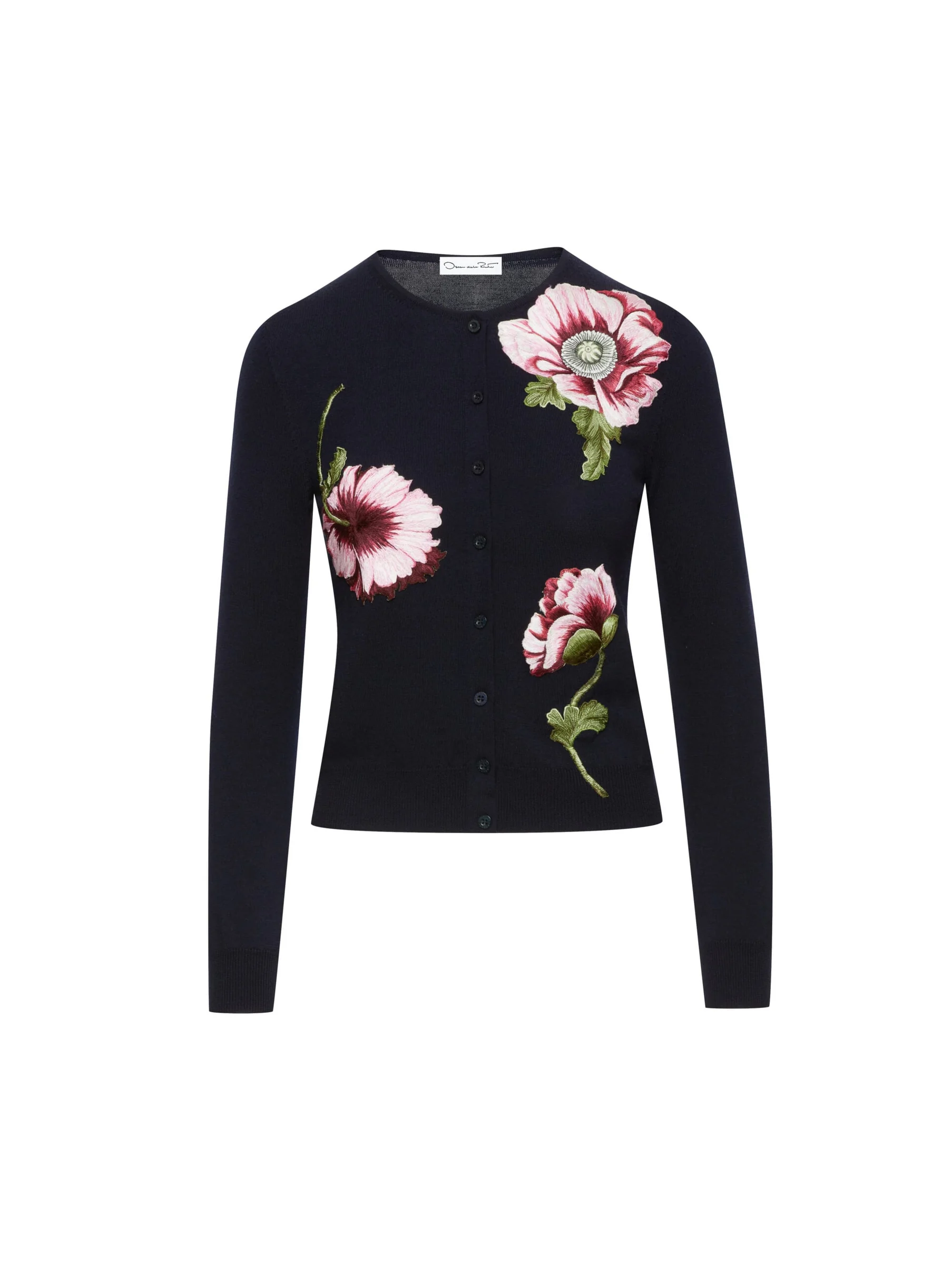 Navy knit cardigan with pink poppy embroidery and green stems, shown flat on a white background, for Oscar de la Renta.